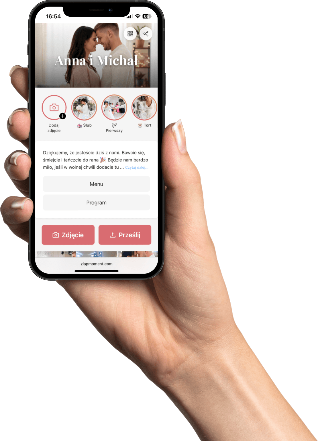 Ręka z telefonem – podgląd aplikacji Złap Moment